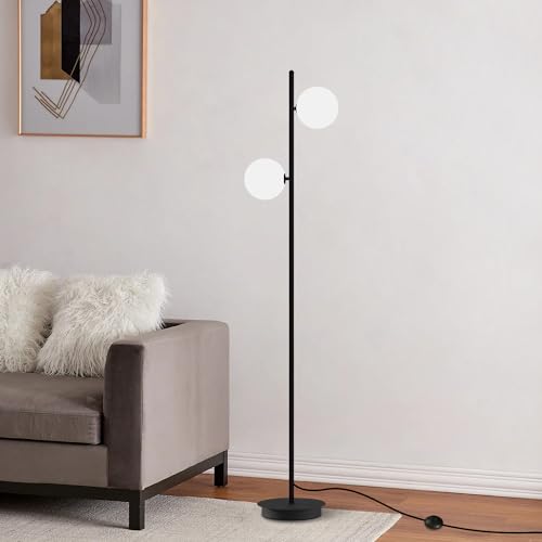 Image of Black Floor Lamp 2-Light Modern White Frosted Glass Freestanding Lamp Mid Century Globe Floor Lamps for Vintage Standing Pole Lamp for Bedroom Living Room Hotel