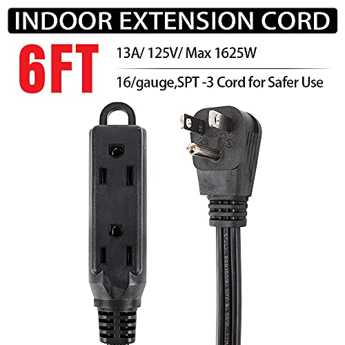 EP 6 Ft 3 Outlet Extension Cord with Flat Plug, 3 Prong Grounded, 16/3 SPT-3 Power Cable for Indoor Use, Black, 2 Pack