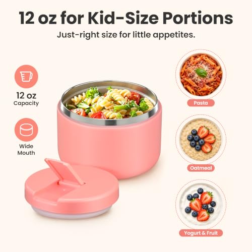 Image of Pawtong 12oz Insulated Vacuum Food Jar with Buckle Lid Wide Mouth Soup Thermo for Hot Food Kids Leakproof Stainless Steel Lunch Container- Pink- 1Pack
