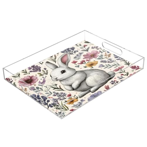 Msyxl Cute Rabbit Serving Tray for Coffee Table, Decorative Acrylic Tray Cute Rabbit Tray with with Handles for Breakfast, Ottoman, Countertop, 12x16 in