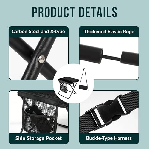 Image of Portable Folding Stool - 12 inch Tall Collapsible Backpack Stool with Storage Pouch, Hands-Free Carry & Supports 300 lbs, Ultralight for Hiking, Fishing, Camping, Festivals (Black, Standard)