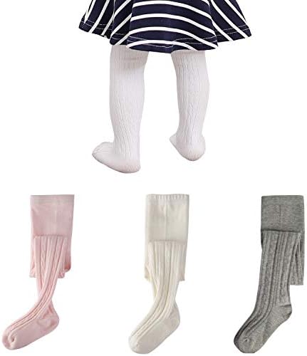 Layeba Baby Girls Tights Toddler Cable Knit Cotton Seamless Leggings Infant Pants 3 Pack (Pink+White+Grey, 6-8Y (45 IN))