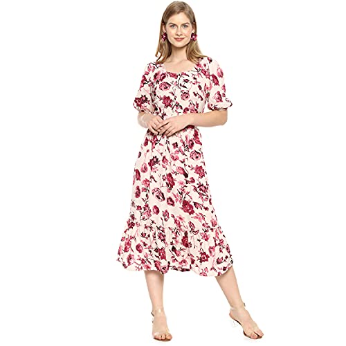 Image of PINACOLADA Women's Floral Print Dress with Ruffle Detail for Casual Wear | Short Sleeve | Crepe Midi Length Dress Crafted with Comfort Fit and for Everyday Wear