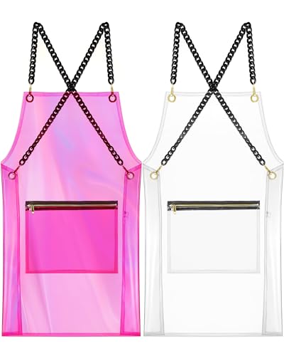 Xtinmee 2 Pcs Clear Apron Transparent for Hair Stylist Waterproof Hair Salon Work Apron with Pocket for Barber Nail(Transparent White, Transparent Pink)
