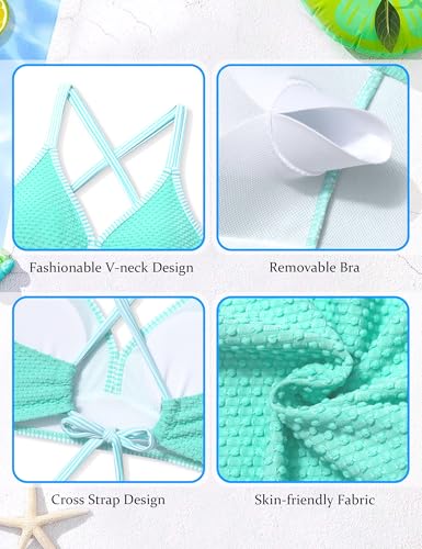 Girls Swimsuit V-Neck Solid Color Stripe Tie Back with Cover Up Skirt 3 Piece Bikini Set Teen Girl Bathing Suits4