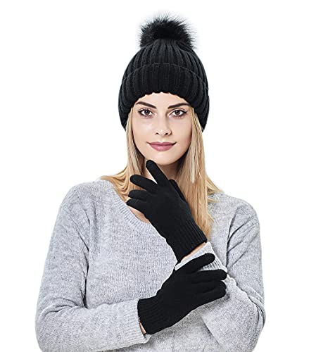 Women Beanie Hats Winter Gloves, Soft Knit Warm Hat and Gloves Sets, Lady Earmuffs Cap,Beanie Hats for Women Young Girls (one Size, Black (hat & Gloves))
