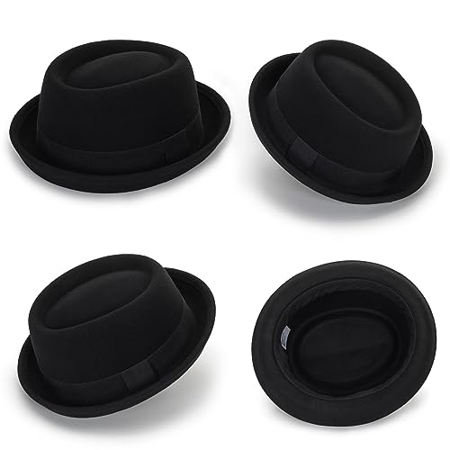 Image of Mens Flat Top Porkpie Hat Bowler Hats - Black Wool Hat with Band(S-M)
