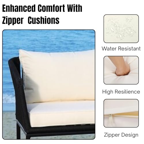 Image of DEVOKO Outdoor 3 Piece Rope Patio L-Shape Sofa All Weather Washable Cushion with Center Table for Garden, Pool, Deck, Balcony, Backyard (Black & Cream)