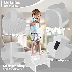 Ambird wooden two step stools toddler with safety non slip pads and handles bamboo step stool for bathroom bedroom kitchen dual height step stools for kids white  urban country home decor