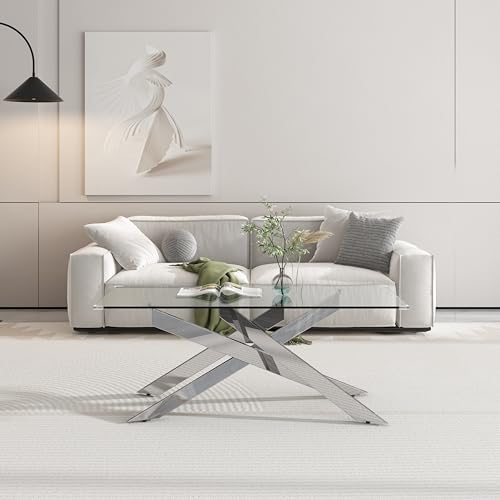 Rectangle Modern Coffee Glass Table, Coffee Center Table Tempered Glass Top and Silver Plated Metal Leg for Living Room Home Office, 47.24”Lx23.62”Wx18.1”H - Image 4