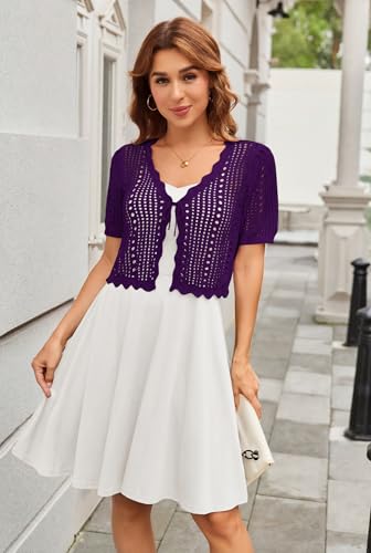 Image of Kate Kasin Women Crochet Shrug Knit Sweater, Short Sleeve Cropped Cardigan | Tie Front Tops Light Weight, Knit Cover Up Arm Bolero For Evening Dresses Dressy Casual, Ladies Eyelet Shawl Thin Formal