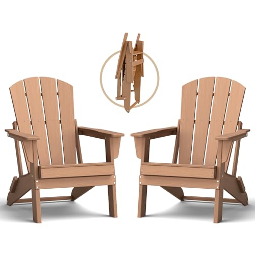 Image of Folding Adirondack Chair Set of 2, Lightweight-Portable HDPE Patio Chair, All-Weather Space-Saving Foldable Fire Pit Seating for Camping, Backyard, Deck-Cedar