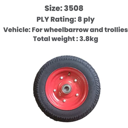 QADAR Heavy Duty Wheelbarrow Tire With Disc 3508, Bearing Size: 6205, 8 Ply Rating, Durable Rubber, and Leak Proof, Ideal for Wheelbarrow and Trolley, Suitable for 25mm Shaft/Excel (2 Nos)