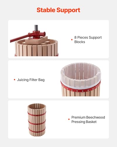Image of VEVOR Fruit Wine Press, 7.93Gal /30L Manual Juice Maker, Solid Beech Wood Basket, Vintage Traditional Juicer with 6 Press Wooden Blocks, 2 Filter Bags, Heavy Duty Pole Handle Bar for Cider Apple Grape