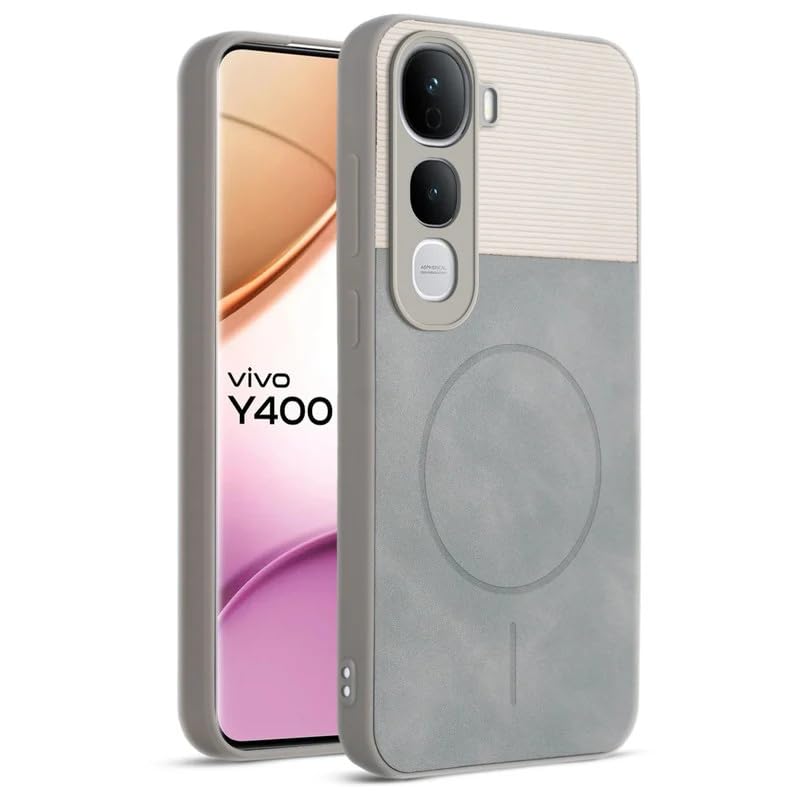Image of Bintage case Dual-Leather Macc-Safe Design Phone Case| Soft Touch Finish | Full Camera Protectection Back Cover Compatible for Vivo V2439 / Vivo Y400Pro - White & Matelic Grey