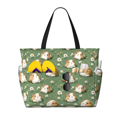 Bolsas de playa grandes para mujer, a prueba de arena, bonito estampado de margaritas de conejillo de indias, bolsas de mano con cremallera