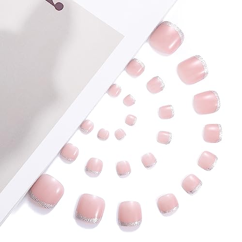 Handcess French False Toenails Nude Glossy Press on Toe Nail Ballerina Fake Toe Nails Full Cover Acrylic Toe Nail Art Tips for Women Girls 24Pcs - Image 2
