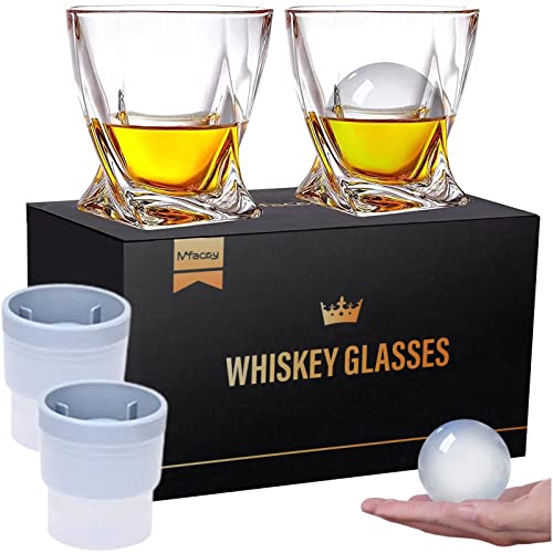 Mfacoy Old Fashioned Whiskey Glasses Set Of 4 (2 Crystal Bourbon Glasses, 2 Round Big Ice Ball Molds 11 Oz Rocks Glass With Gift Box, Barware For Scotch Cocktail Rum Vodka Liquor, Gifts For Men #TOP25
