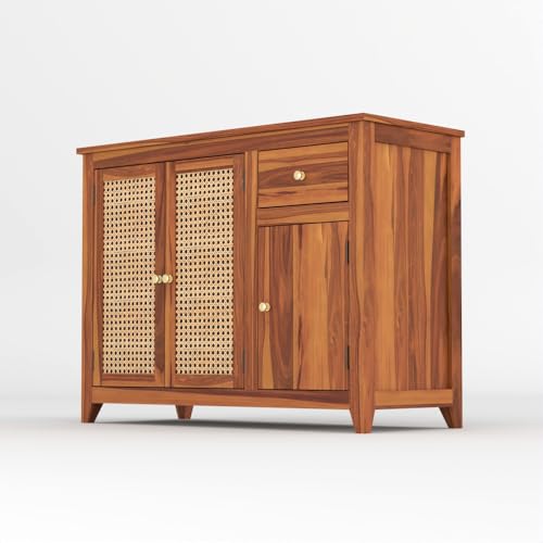 Image of Solid Sheesham Wood Sideboard Cabinet for Living Room | Crockery Cabinet with 2 Rattan Cane Door | Kitchen Display Unit 2 Rattan Cane Doors,1 Door Cabinet & 1 Drawer (Honey Finish)