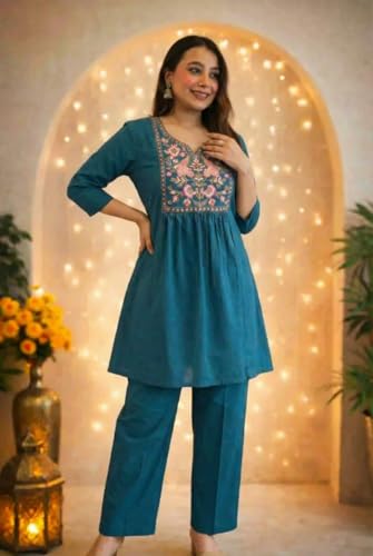 Image of Women's Rayon Embroidered Kurti with Pant Set | Floral Yoke Design | 3 /4 Sleeve Ethnic Co-Ord Set | Regular Fit Traditional Outfit