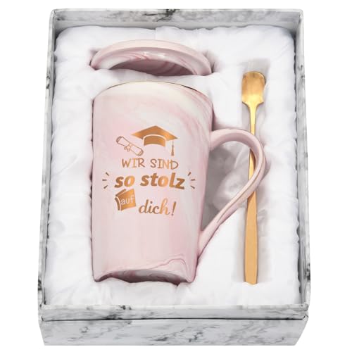 Joymaking Taza de café con texto en alemán "Wir sind so stolz auf dich Bachelor Abschluss Geschenk bestehene Prüfung Abitur Ausbildung Bachelor, 400ml Rosa