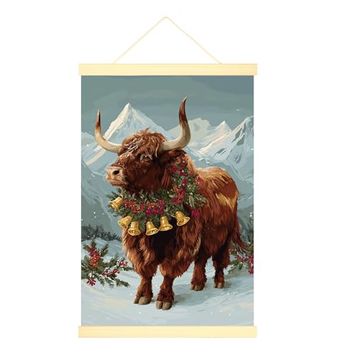 Lienzo decorativo para colgar en la pared, diseño de vaca de las tierras altas, corona de montaña rústica de Navidad, obra de arte marrón, pintura de pared, apartamento, sala de estar, dormitorio