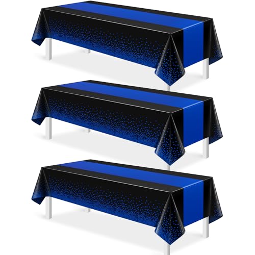 Image of MASHAN 3Pcs Black and Blue Tablecloth Party Decorations,Plastic Black Table Cloth Printed Blue Table Runner Disposable Rectangle Cover for Birthday Wedding Anniversary Graduation Party,54 x108 Inch