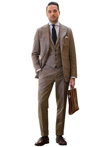 Men's Houndstooth Suit Work Office Single Breasted Button Tuxedo Three Pieces Set