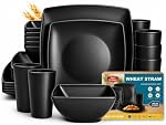 Teivio 24-Piece Ensemble de diners carré en paille de blé pour 6,Assiette à dîner incassable, Salades, Snack Bowls, Tumblers 13.5 oz, Coffre-fort pour lave-vaisselle, Plats de camping en plein air,Noir