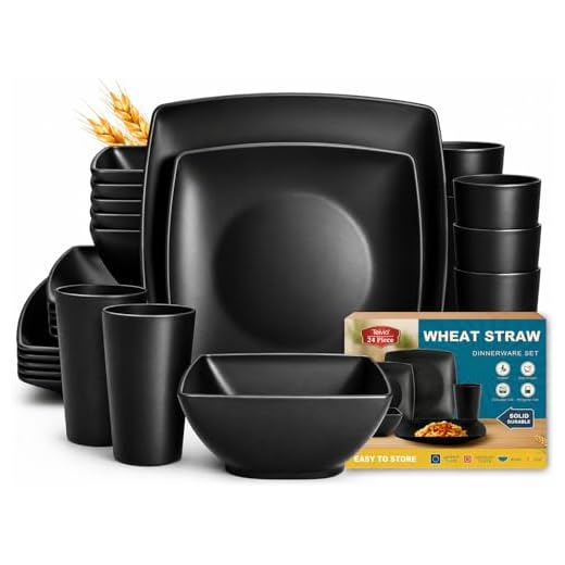 Teivio 24-piece Plastic Wheat Straw Square Dinnerware Set for 6, Unbreakable Dinner Plates, Salad Plates, Snack Bowls, Tumblers 20 oz, Dishwasher Safe, Black