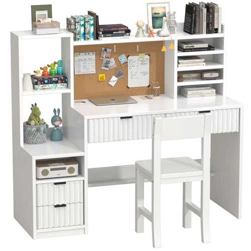 RUPOLX White Wooden Kids Fluted Desk and Chair Set,Kids Study Desk with Storage Shelves,Kid Study Table and Chair Set with 4 Fluted Drawers,Girls Desks for Kid with Hutch for Bedroom -i4A3rk