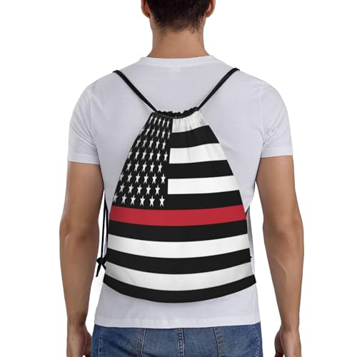 Usa Firefighter Red Line Flag Drawstring Bag Sports Sackpack Water Resistant String Bag For Sport Shopping Yoga Gym, Medium2