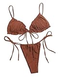 Lilosy Sexy Ribbed Ruffle G String Tie Triangle Thong Bikini Swimsuit Set Women High Cut Cheeky Brazilian Bottom Bathing Suit 2 Two Piece Coffee Brown Small