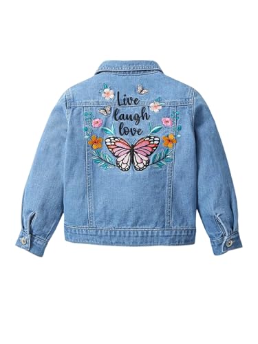 Girl's Cute Floral Butterfly Embroidery Denim Jacket Long Sleeve Button Down Collared Jeans Jackets Outerwear