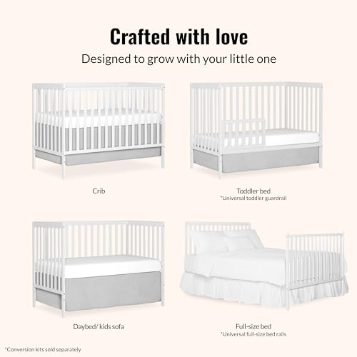 Dream On Me Synergy 5-in-1 Convertible Full-Size Baby Crib with Toddler, Day & Full Bed Conversion in White, GreenGuard Gold & JPMA, 3 Mattress Heights, Sustainable Pinewood
