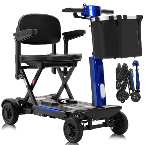MS02-F 12-30Miles 4 Wheels Foldable Mobility Scooter for Adults&Seniors, 46Lbs Lightweight & 350W Powered Electric Folding Wheelchair, Removable Battery Compact & Convenient for Travel Blue
