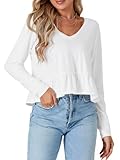 Vrtige Women's Casual V Neck Long Sleeve Peplum Ruffle Hem Babydoll Blouse Shirt Crop Top White Medium