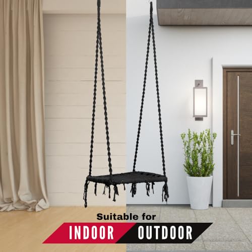 Image of Swingzy Cotton Pine Single Seater Swing Chair /Hanging Swing Chair for Home, Indoor, Outdoor, Patio, Balcony, Garden /Swing for Home /Jhula for Adults /Free Hanging Accessories (58x46,145 Cm, Black)