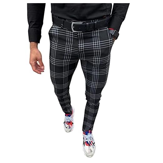 Calça social masculina fashion elástica slim fit xadrez calça de terno de negócios casual calça de golfe, Preto, XGG