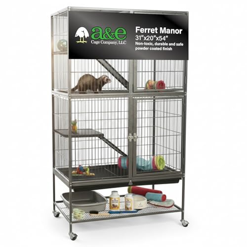 A&E Cage Co AE7004 Ferret Manor Cage Two Story Ferret Habitat 31x20x54 with Platforms Ramps & Hammock Rolling Ferret Cage with Storage Shelf & Double Locking Doors