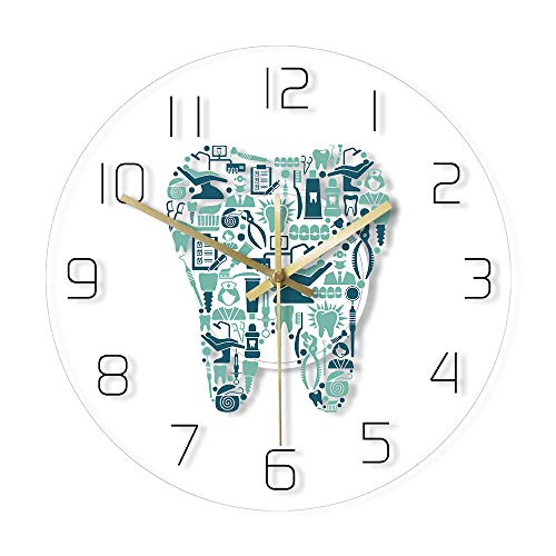 The Geeky Days Reloj de pared de dientes de odontología, símbolos de cuidado dental, reloj colgante acrílico, batería de movimiento silencioso, reloj de pared, decoración del departamento dental
