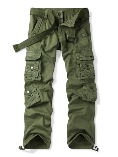 Men's Casual Cargo Cotton Relaxed Fit Tactical Outdoor Work Pants with Multi-Pockets(No Belt)