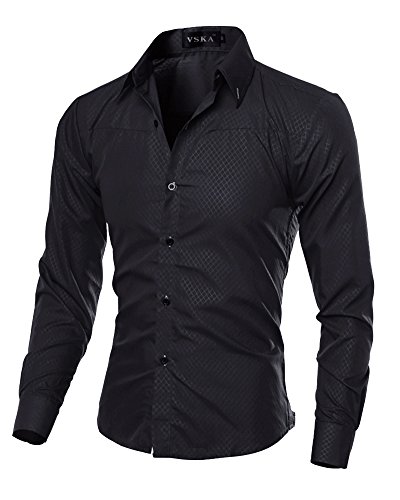 Hombre Casual Cuadros Caballero Slim Fit Manga Larga Camisa Tops Negro L