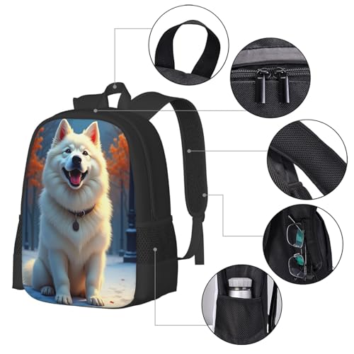 A White Dog is Standing in The Snow with Its Mouth Open Comfort Fit Unisex Backpack Padded Straps for Long - Haul Carrying Work & Travel Use4