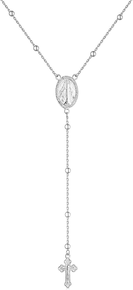 Virgin Mary Necklace 925 Sterling Silver Cross Crucifix Jesus Y Pendant Rosary Bead Necklace Religious Catholic Jewelry for Women