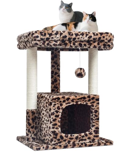SYANDLVY 27 Cat Tree for Indoor Cats Activity Tower with Scratching Posts Modern Kitten Condo with Plush Perch & Hanging Ball for Play Leopard Print