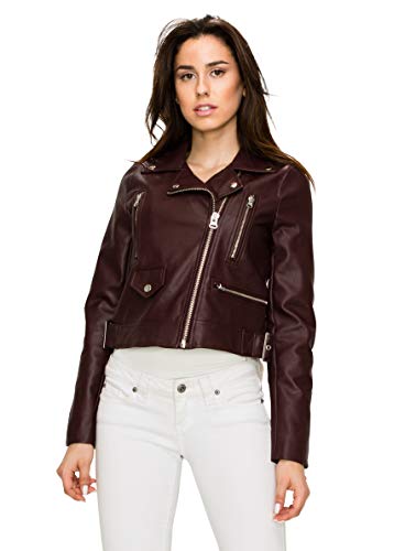 Lock and Love LL WJC1852 Womens Faux Leather Motorcycle Biker Jacket L Maroon