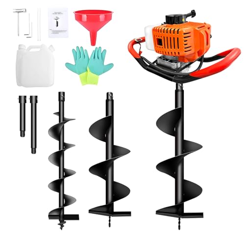 Jwevvie 62CC Auger Post Hole Digger Gas Powered, 2-Stroke Earth Digger with 2 Auger Drill Bits(6\" & 10\") + 2 Extension Rods for Orchard/Farm/Garden Plant
