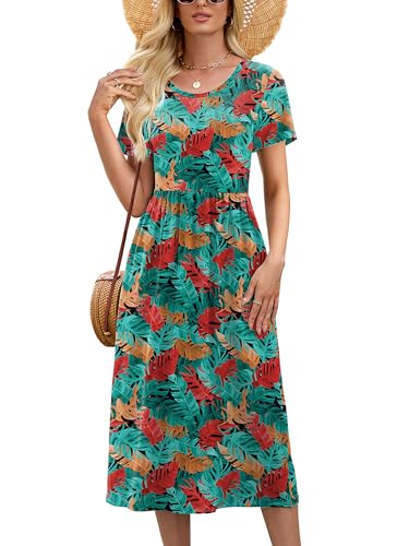 Image of Heymoments Women's Casual Short Sleeve Midi Dress Crewneck A Line Tiered Flowy Loose Travel Long Dresses with Pockets