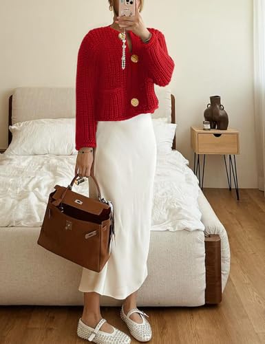 Image of Arssm Womens Cropped Cardigan Sweaters Chunky Open Front Button Down Knit Sweater Long Sleeve Loose Cardigan Outerwear(Red-L)